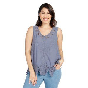 Indigo Thread Woven & Lace Embroidered Eyelet Cut-out Tank Top M Slate